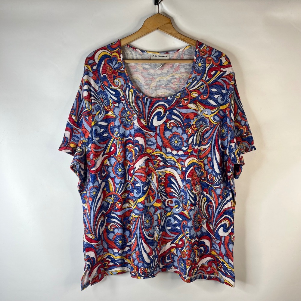 C.D. Daniels Top Womens 3X Multicolor Paisley Floral Boho Short Sleeve